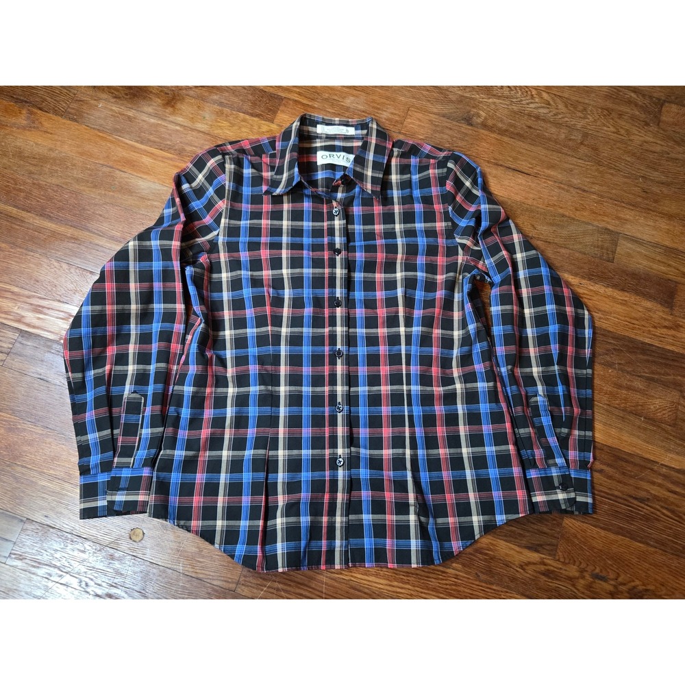 Orvis Womens Plaid Button Down Shirt Long Sleeve Black Blue Red Size 10